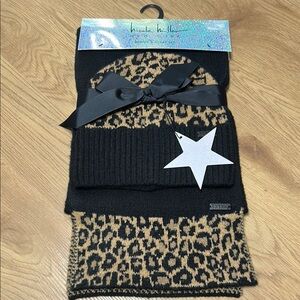 Nicole Miller Black and Tan Leopard Print Beanie and Scarf Set